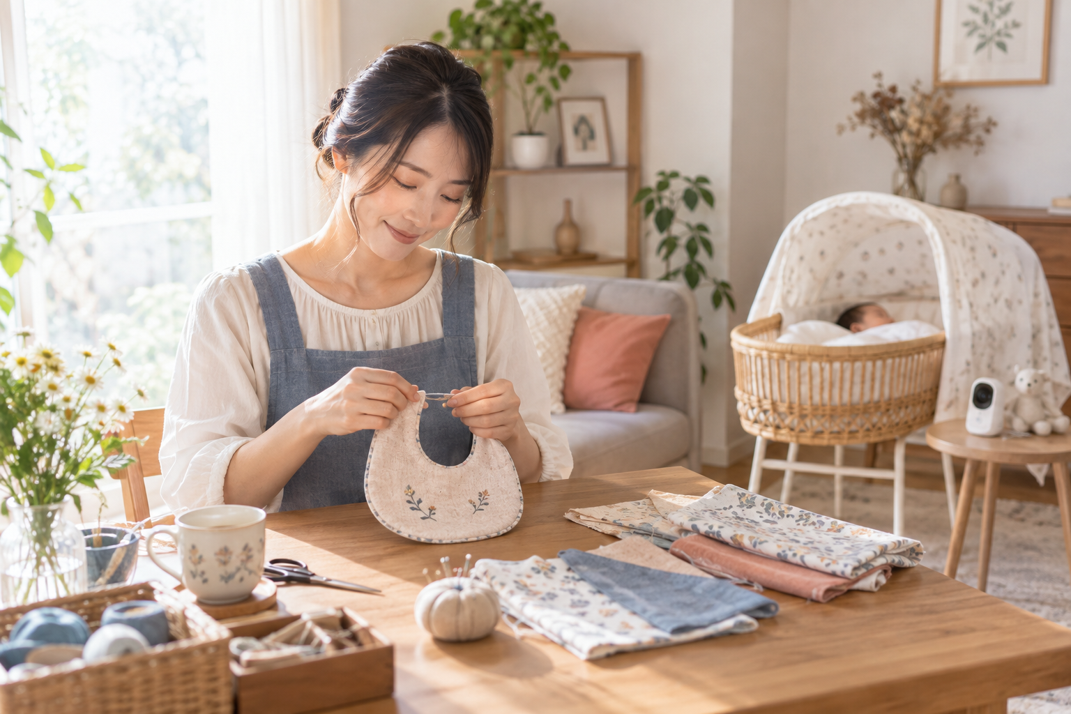 育休中に自宅でベビー用品をハンドメイド副業する様子