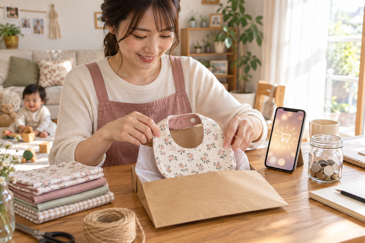 完成したベビー用品を梱包して販売する様子